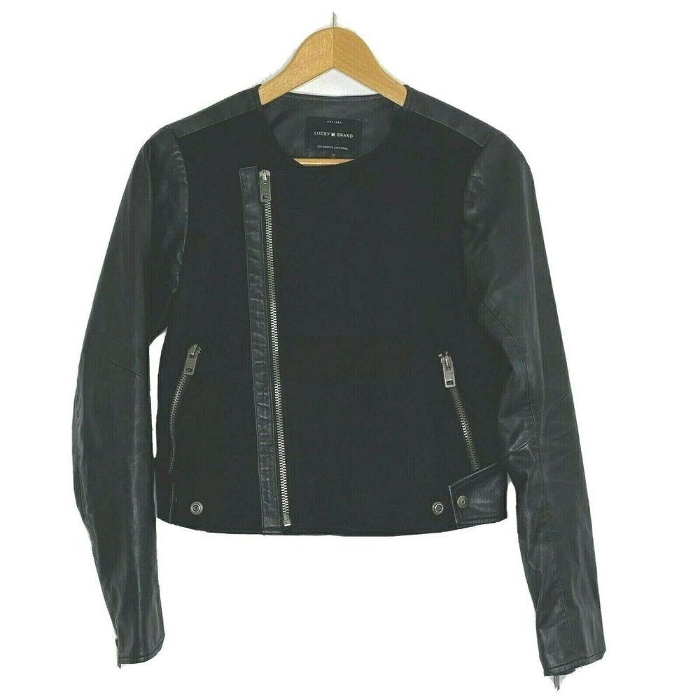 Lucky Brand Women's Small Black Faux Leather Suede Biker Moto Style Jacket Black